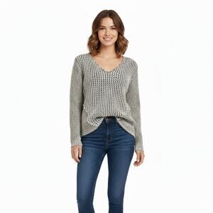 Vtg 90s Keren Hart Knit Sweater Black White Texture V-Neck Cottagecore Grandma L